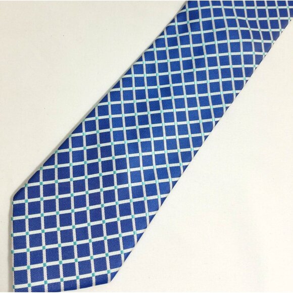Covington Blue Plaid Mens Necktie Polyester Hand Made Geometric Squares - Picture 1 of 7